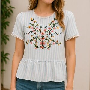 Boho Blue White Embroidered Peplum Top Vintage-Inspired Cottagecore Vibes Sz M